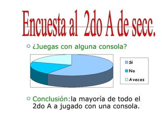 ¿Juegas con alguna consola? Conclusión: la mayoría de todo el 2do A a jugado con una consola. Encuesta al  2do A de secc. 