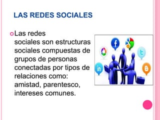 LAS REDES SOCIALES
Las redes
sociales son estructuras
sociales compuestas de
grupos de personas
conectadas por tipos de
relaciones como:
amistad, parentesco,
intereses comunes.