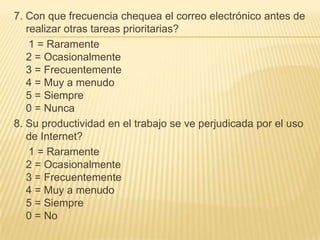 7. Con que frecuencia chequea el correo electrónico antes de realizar otras tareas prioritarias?    1 = Raramente2 = Ocasionalmente3 = Frecuentemente4 = Muy a menudo5 = Siempre0 = Nunca8. Su productividad en el trabajo se ve perjudicada por el uso de Internet?    1 = Raramente2 = Ocasionalmente3 = Frecuentemente4 = Muy a menudo5 = Siempre0 = No 