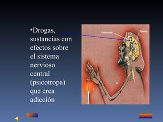 Drogas, sustancias con efectos sobre el sistema nervioso central (psicotropa) que crea adicción 
