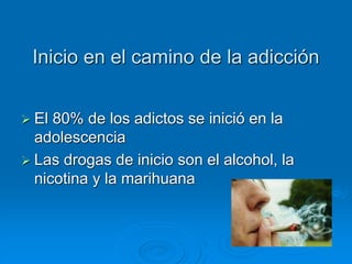 Inicio en el camino de la adicción
 El 80% de los adictos se inició en la
adolescencia
 Las drogas de inicio son el alcohol, la
nicotina y la marihuana
 