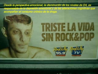 Desde la perspectiva emocional, la disminución de los niveles de DA, es
responsable de la depresión emocional y de las alteraciones cognitivas que
acompañan al consumo crónico de la droga.
 