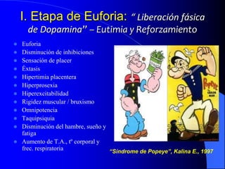 I. Etapa de Euforia: “ Liberación fásica
de Dopamina” – Eutimia y Reforzamiento
 Euforia
 Disminución de inhibiciones
 Sensación de placer
 Éxtasis
 Hipertimia placentera
 Hiperprosexia
 Hiperexcitabilidad
 Rigidez muscular / bruxismo
 Omnipotencia
 Taquipsiquia
 Disminución del hambre, sueño y
fatiga
 Aumento de T.A., tº corporal y
frec. respiratoria “Síndrome de Popeye”, Kalina E., 1997
 