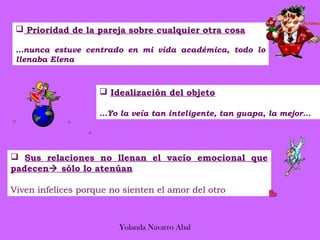  Prioridad de la pareja sobre cualquier otra cosa

 …nunca estuve centrado en mi vida académica, todo lo
 llenaba Elena



                     Idealización del objeto

                    …Yo la veía tan inteligente, tan guapa, la mejor…




 Sus relaciones no llenan el vacío emocional que
padecen sólo lo atenúan

Viven infelices porque no sienten el amor del otro



                         Yolanda Navarro Abal
 