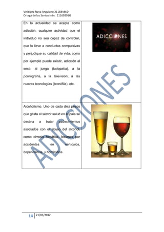 Viridiana Nava Anguiano 21168486D
Ortega de los Santos Iván. 21169291G

En la actualidad se acepta como

adicción, cualquier actividad que el

individuo no sea capaz de controlar,

que lo lleve a conductas compulsivas

y perjudique su calidad de vida, como

por ejemplo puede existir, adicción al

sexo,     al   juego   (ludopatía),    a   la

pornografía, a la televisión, a las

nuevas tecnologías (tecnófila), etc.




Alcoholismo. Uno de cada diez pesos

que gasta el sector salud en el país se

destina        a   tratar   padecimientos

asociados con el abuso del alcohol,

como cirrosis hepática, lesiones por

accidentes             en       vehículos,

dependencia, y homicidios.




   14     21/03/2012
 