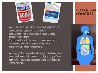SUSTANCIAS
                                             VOLATILES



Aquí se incluyen los vapores inhalantes
de sustancias, como ciertos
pegamentos y líquidos limpiadores,
thiner, etcétera.
Estas sustancias causan alucinaciones,
mareos, euforia temporal y, en
ocasiones, inconsciencia.

A largo plazo existe el riesgo de lesiones
irreversibles del cerebro, hígado y riñón;
también puede presentarse asfixia por
inhalación.
 