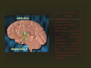 
Está conformada por
los deseos que
consumen los
pensamientos y
comportamientos
(síndrome de
abstinencia) del adicto,
y estos actúan en
aquellas actividades
diseñadas para
conseguir la sensación
o efecto deseado y
para comprometerse
en la actividad deseada
(comportamientos
adictivos).
 