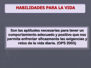 Continuación....Capacidad para manejar las emociones propiasHabilidad para manejar la ansiedad, la tensión o estrésCapacidad para establecer empatíaConocimiento de si mismo y autoestimaOMS 1993
