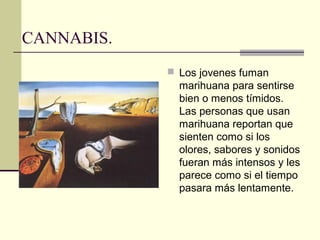 CANNABIS.
 Los jovenes fuman
marihuana para sentirse
bien o menos tímidos.
Las personas que usan
marihuana reportan que
sienten como si los
olores, sabores y sonidos
fueran más intensos y les
parece como si el tiempo
pasara más lentamente.
 
