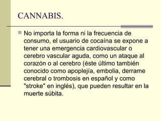CANNABIS.
 No importa la forma ni la frecuencia de
consumo, el usuario de cocaína se expone a
tener una emergencia cardiovascular o
cerebro vascular aguda, como un ataque al
corazón o al cerebro (éste último también
conocido como apoplejía, embolia, derrame
cerebral o trombosis en español y como
"stroke" en inglés), que pueden resultar en la
muerte súbita.
 