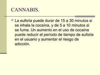 CANNABIS.
 La euforia puede durar de 15 a 30 minutos si
se inhala la cocaína, y de 5 a 10 minutos si
se fuma. Un aumento en el uso de cocaína
puede reducir el período de tiempo de euforia
en el usuario y aumentar el riesgo de
adicción.
 