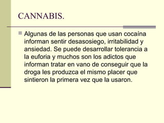 CANNABIS.
 Algunas de las personas que usan cocaína
informan sentir desasosiego, irritabilidad y
ansiedad. Se puede desarrollar tolerancia a
la euforia y muchos son los adictos que
informan tratar en vano de conseguir que la
droga les produzca el mismo placer que
sintieron la primera vez que la usaron.
 