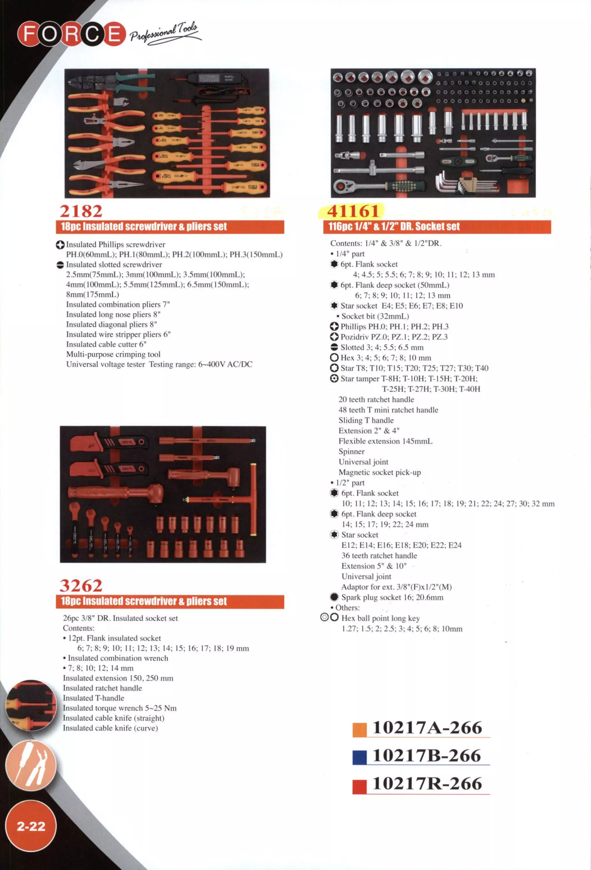a a o o o o f j s o o S O
« s s o o ? » o o o o o o o o
2182
18pc Insulated screwdriver a pliers set
Q Insulated Phillips screwdriver
PH.0(60mmL); PH.KSOmmL): PH.2(IOOmmL); PH.3( ISOmmL)
S Insulated slotted screwdriver
2.5inm(75mmL); .^mm(IOOmmL); .1.5mm(IOOmmL);
4mm(100minL): 5.5inm(125mmL); 6.5mm(ISOmmL):
8mm(175nimL)
Insulated combination pliers 7"
Insulated long nose pliers 8"
Insulated diagonal pliers 8"
Insulated wire stripper pliers 6"
Insulated cable cutter 6"
Multi-purpose crimping tool
Universal voltage tester Testing range: 6~400V A C / D C

lllllll
l l l l l l l
*
3262
18pc Insulated screwdriver a pliers set
26pc 3/8" D R . Insulated stxket set
Contents:
• I2pt. Flank insulated socket
6 : 7 : 8 : 9 ; 10: I I : 12: 13: 14: 15: 16: 17: 18: 19 mm
• Insulated combination wrench
• 7 : 8: 10: 12: 14 mm
Insulated extension 50. 250 mm
Insulated ratchet handle
Insulated T-handle
Insulated torque wrench 5-25 Nm
Insulated cable knife (straight)
Insulated cable knife (curve)
0 0 0 0 0 0 0 0 0 0 0 0 » »
I I I I I I U J " ' " ^
41161
116PC1/4" a 1/2" DR. Socket set
Contents: 1/4" & 3/8" & l/2"DR.
• 1/4" pan
• 6pt. Flank socket
4; 4.5; 5; 5.5; 6; 7; 8; 9; 10; I I : 12: 13 mm
• 6pt. Flank deep socket (50mmL)
6 : 7 : 8 : 9 : 10: I I : 12; 13mm
• Star socket E 4 ; E 5 ; E 6 : E 7 : E 8 ; E l O
• Socket bit (32minL)
O Phillips PH.O: PH I; PH.2: PH.3
O Pozidriv PZ.O; PZ. I: PZ.2; PZ.3
w Slotted 3: 4: 5.5; 6.5 mm
O Hex 3: 4: 5: 6; 7; 8: 10 mm
O Star T 8 ; TIO; T I 5 ; T20; T25; T27; T30: T40
© Star tamper T-8H; T-IOH; T - I 5 H ; T-20H;
T-25H; T-27H; T-30H; T-40H
20 teeth ratchet handle
48 teeth T mini ratchet handle
Sliding T handle
Extension 2" & 4"
Flexible extension l45mmL
Spinner
Universal joint
Magnetic socket pick-up
• 1/2" part
ip 6pt. Flank socket
10; I I ; 12; 13; 14; 15; 16; 17; 18; 19; 21; 22; 24: 27: 30: 32 mm
Jl) 6pt. Flank deep socket
14; 15; 17; 19; 22; 24 mm
• Star socket
E I 2 ; E I 4 ; E I 6 ; E I 8 ; E 2 0 ; E22; E24
36 teeth ratchet handle
Extension 5" & 10"
Universal joint
Adaptor for ext. .3/8"(F)xI/2"(M)
Spark plug socket 16: 20.6mm
• Others:
O O Hex ball point long key
1.27; 1.5:2; 2.5; 3; 4; 5; 6; 8; lOmm
10217A-266
10217B-266
10217R-266
 