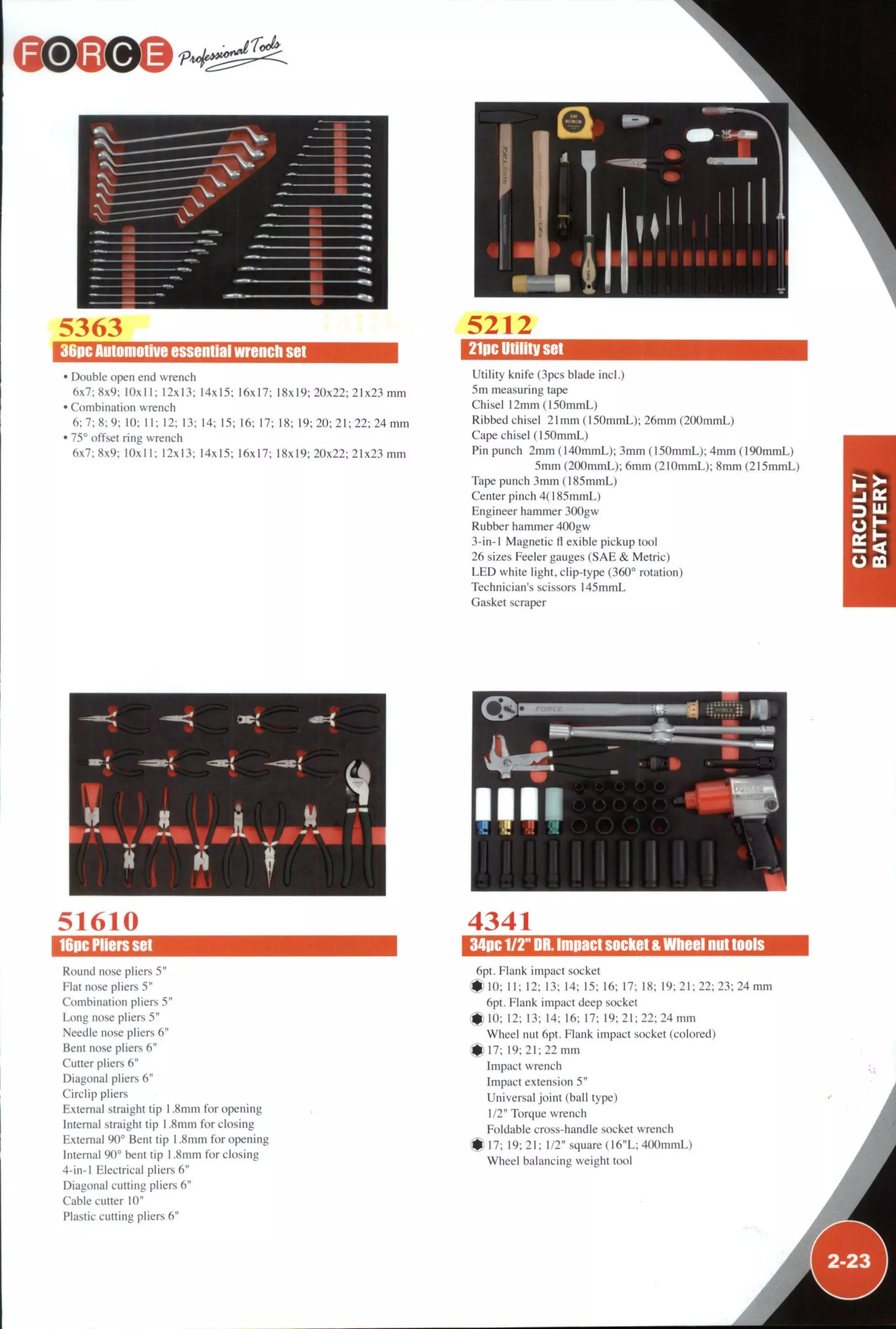 5363
36pc Automotive essential wrencii set
• Double open end wrench
6x7:8x9: 10x11: 12x13: 14x15: 16x17; 18x19: 20x22: 21x23 mm
• Combination wrench
6:7:8:9: 10: I I : 12: 13: 14: 15: 16: 17: 18: 19:20:21:22:24 mm
• 75° offset ring wrench
6x7:8x9; 10x11; 12x13: 14x15: 16x17: 18x19; 20x22; 21x23 mm
I 1
1
5212
21pc Utility set
Utility knife (3pcs blade incl.)
5m measuring tape
Chisel 12mm (l50mmL)
Ribbed chisel 21mm (ISOmmL); 26mm (200mmL)
Cape chisel (150mmL)
Pin punch 2mm (140mmL): 3mm (l50mmL): 4mm (l9()mmL)
5mm (200mmL); 6mm (2IOmmL): 8mm (215mmL)
Tape punch 3mm (185mmL)
Center pinch 4( 185mmL)
Engineer hammer 30()gw
Rubber hammer 400gw
3-in-l Magnetic fl exible pickup tool
26 sizes Feeler gauges (SAE & Metric)
LED white light, clip-type (360° rotation)
Technician's scissors l45mmL
Gasket scraper
orí - x {
51610
I6pc Pliers set
Round nose pliers 5"
Flat nose pliers 5"
Combination pliers 5"
Long nose pliers 5"
Needle nose pliers 6"
Bent nose pliers 6"
Cutter pliers 6"
Diagonal pliers 6"
Circlip pliers
External straight tip 1.8mm for opening
Internal straight tip 1.8mm for closing
External 90° Bent tip 1.8mm for opening
Internal 90° bent tip 1.8mm for closing
4-in-l Electrical pliers 6"
Diagonal cutting pliers 6 "
Cable cutter 1(1"
Plastic cutting pliers 6"
4341
34pc 1/2" DR. Impact socket & Wheel nut tools
6pt. Flank impact socket
# 1 0 ; I I ; 12; 13; 14; 15: 16; 17: 18: 19: 21: 22: 23; 24 mm
6pt. Flank impact deep socket
HlO; 12; 13; 14; 16; 17; 19:21:22: 24 mm
Wheel nut 6pt. Flank impact socket (colored)
(I 17: 19: 21: 22 mm
Impact wrench
Impact extension 5"
Universal joint (ball type)
1/2" Torque wrench
Foldable cross-handle socket wrench
# 1 7 : 19:21: 1/2" square (16"L: 400mmL)
Wheel balancing weight tool
Á
 