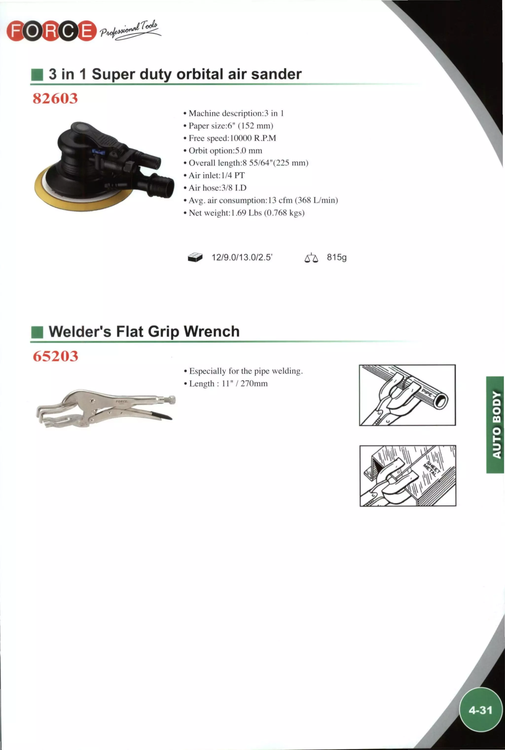 9
B 3 in 1 Super duty orbital air sander
82603
• Machine description:3 in 1
• Paper size:6" (152 mm)
•Free speed: 10000 R.RM
• Orbit option:5.0 mm
• Overall length:8 55/64"(225 mm)
• A i r inlet: 1/4 PT
• A i r hose:3/8 I.D
• Avg. air consumption: 13 cfm (368 L/min)
• Net weight: 1.69 Lbs (0.768 kgs)
12/9.0/13.0/2.5' 6^ 815g
Welder's Flat Grip Wrench
65203
Especially for the pipe welding.
Length : 1 1 " / 270mm
 