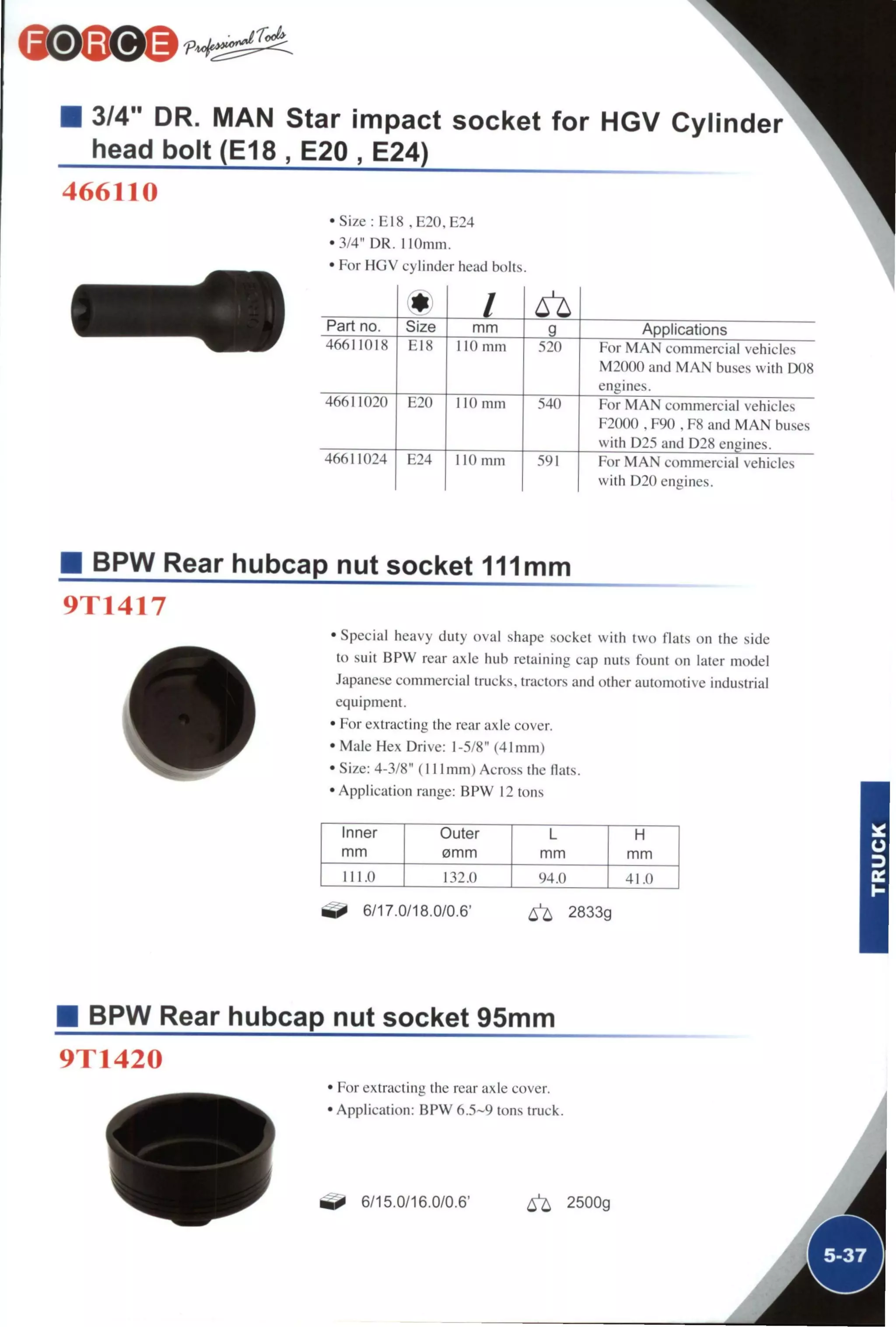 3/4" DR. MAN Star impact socket for HGV Cylinder
head bolt (El 8 , E20 , E24)
466110
•Size : E18 ,E20,E24
•3/4" DR. llOmm.
• For H G V cylinder head bolts.
/
Part no. Size mm g Applications
46611018 EI8 no mm 520 For M A N commercial vehicles
M2000 and M A N buses with D()8
engines.
46611020 E20 no mm 540 For M A N commercial vehicles
F2000 , F90 , F8 and M A N buses
with D25 and D28 engines.
46611024 E24 no mm 591 For M A N commercial vehicles
with D20 engines.
BPW Rear hubcap nut socket 111mm
9T1417
• Special heavy duty oval shape socket with two flats on the side
to suit BPW rear axle hub retaining cap nuts fount on later model
Japanese commercial trucks, tractors and other automotive industrial
equipinent.
• For extracting the rear axle cover.
• Male Hex Drive: 1-5/8" (41mm)
• Size: 4-3/8" (111 mm) Across the flats.
• Application range: BPW 12 tons
Inner
mm
Outer
0mm
L
mm
H
mm
111.0 132.0 94.0 41.0
6/17.0/18.0/0.6' 6^ 2833g
BPW Rear hubcap nut socket 95mm
9T1420
• For extracting the rear axle cover.
' Application: BPW 6.5-9 tons truck.
A
6/15.0/16.0/0.6' ^ 2500g
Á
 