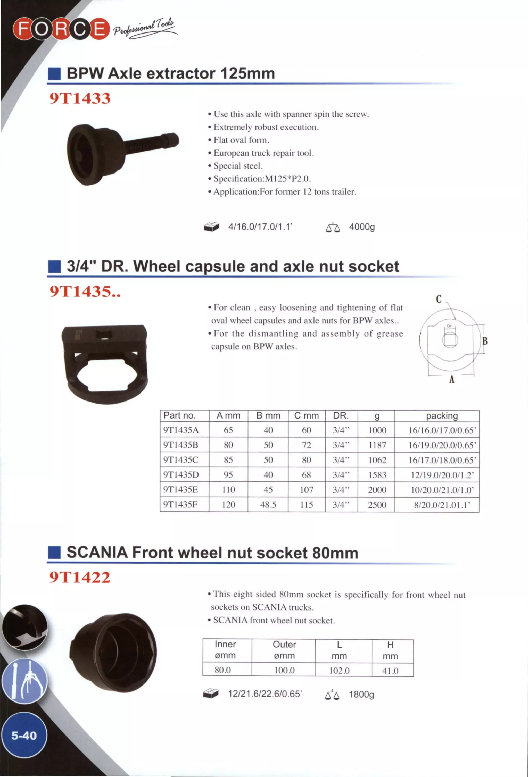 BPW Axle extractor 125mm
9T1433
r • Use this axle with spanner spin the screw.
• Extremely robust execution.
• Fiat oval form.
• European truck repair tool.
• Special steel.
• Specification:M 125*P2.0.
• Application:For former 12 tons trailer.
4/16.0/17.0/1.1' ^ 4000g
3/4" DR. Wheel capsule and axle nut socket
9T1435..
• For clean , easy loosening and tightening of flat
oval wheel capsules and axle nuts for BPW axles..
• F o r the d i s m a n t l i n g and assembly o f grease
capsule on BPW axles.
Part no. A mm B mm C mm DR. g packing
9T1435A 65 40 60 3/4" 1000 16/16.0/17.0/0.65"
9T1435B so 50 72 3/4" 1187 16/19.0/20.0/0.65'
9T1435C 85 50 80 3/4" 1062 16/17.0/18.0/0.65"
9T1435D 95 40 68 3/4" 1583 12/19.0/20.0/1.2"
9T1435E 110 45 107 3/4" 2000 10/20.0/21.0/1.0"
9T1435F 120 48.5 115 3/4" 2500 8/20.0/21.01.1'
SCANIA Front wheel nut socket 80mm
9T1422
0
• This eight sided 80mm socket is specifically for front wheel nut
sockets on SCANIA trucks.
• SCANIA front wheel nut socket.
Inner Outer L H
omm omm mm mm
SO.d 100.0 102.0 41.0
12/21.6/22.6/0.65' ^ 1800g
 