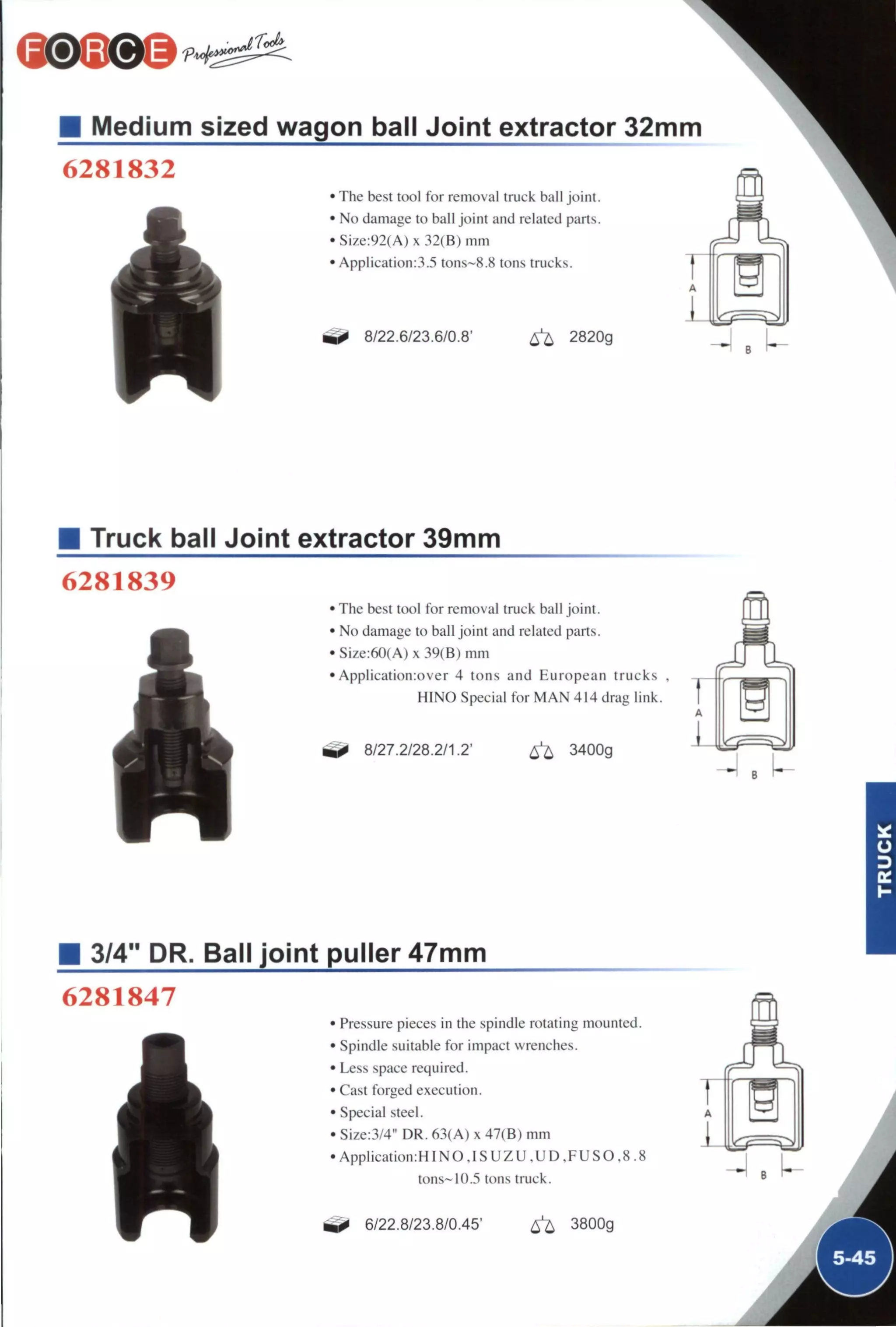 M Medium sized wagon ball Joint extractor 32mm
6281832
r
• The best tool for removal truck ball joint.
' No damage to ball joint and related parts.
' Size:92(A) x 32(B) mm
' Application:3.5 tons~8.8 tons trucks.
8/22.6/23.6/0.8' ^ 2820g
Truck ball Joint extractor 39mm
6281839
• The best tool for removal truck ball joint.
• No damage to ball joint and related parts.
•Size:60(A)x 39(B) mm
• Application:over 4 tons and European trucks
HINO Special for M A N 414 drag link.
8/27.2/28.2/1.2' 6 ^ 3400g
3/4" DR. Ball joint puller 47mm
6281847
• Pressure pieces in the spindle rotating mounted.
• Spindle suitable for impact wrenches.
• Less space required.
• Cast forged execution.
• Special steel.
• Size;3/4" DR. 63(A) x 47(B) mm
• A p p l i c a t i o n : H l N O T S U Z U . U D , F U S 0 . 8 . 8
tons-10.5 tons truck.
6/22.8/23.8/0.45' ^ 3800g
 