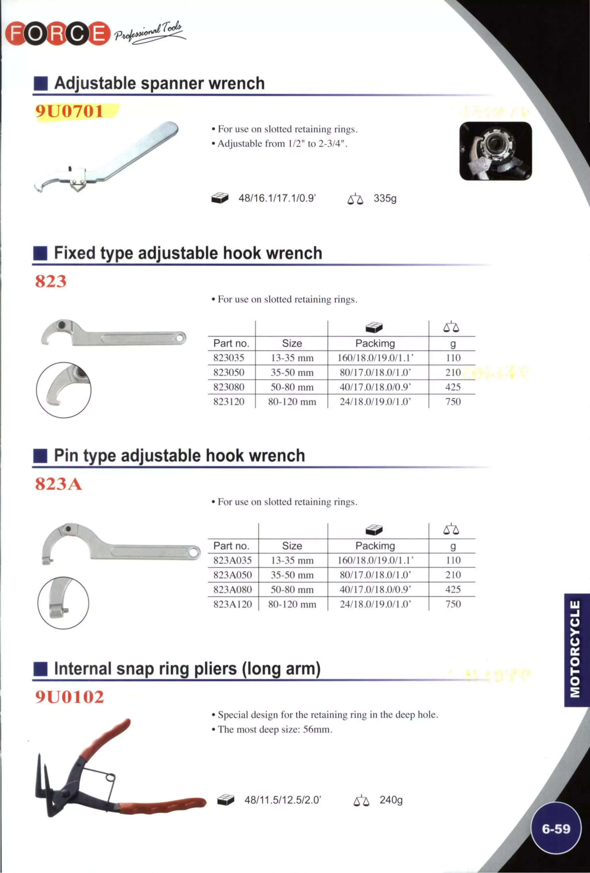 Adjustable spanner wrench
9U0701
' For use on slotted retaining rings.
' Adjustable from 1/2" to 2-3/4".
48/16.1/17.1/0.9' ^ 335g
Fixed type adjustable hook wrench
823
For use on slotted retaining rings.
Part no. Size Packimg g
823035 13-35 mm 160/18.0/19.0/1.r 110
823050 35-50 mm 80/17.0/18.0/1.0- 210
823080 50-80 mm 4Ü/17.0/18.0/0.9' 425
823120 80-120 mm 24/18.0/19.0/1.0' 750
Pin type adjustable hook wrench
823A
For use on slotted retaining rings.
Part no. Size Packimg g
823A035 13-35 mm 160/18.0/19.0/l.r n o
823A05() 35-50 mm 80/17.0/18.0/1.0' 210
823A080 50-80 mm 40/17.0/18.0/0.9" 42.S
823A120 80-120 mm 24/18.0/19.0/1.0' 750
Internal snap ring pliers (long arm)
9U0102
' Special design for the retaining ring in the deep hole.
• The most deep size: 56mm.
48/11.5/12.5/2.0' ^ 240g
A
6-59
 