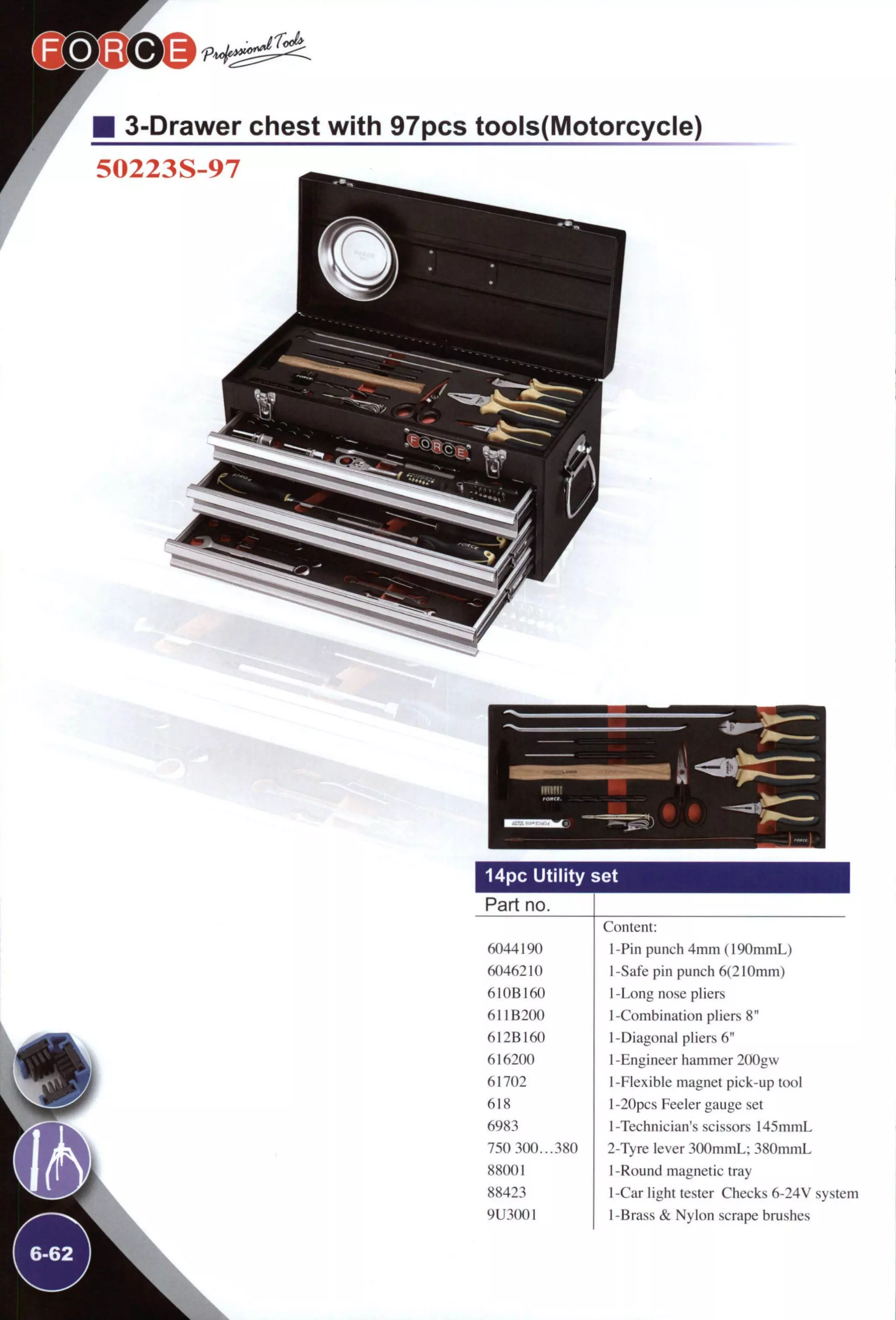 B 3-Drawer chest with 97pcs tools(Motorcycle)
50223S-97
r
9
14pc Utility set
Part no.
6044190
6046210
6I0B160
6I1B200
612B160
616200
61702
618
6983
750 300...380
88001
88423
9U3001
Content:
1 -Pin punch 4mm (190mmL)
1-Safe pin punch 6(210mm)
1 -Long nose pliers
1-Combination pliers 8"
1-Diagonal pliers 6"
1 -Engineer hammer 200gw
1-Flexible magnet pick-up tool
1 -20pcs Feeler gauge set
1-Technician's scissors I45mmL
2-Tyre lever 300mmL; 380mmL
1 -Round magnetic tray
I-Car light tester Checks 6-24V system
1-Brass & Nylon scrape brushes
 