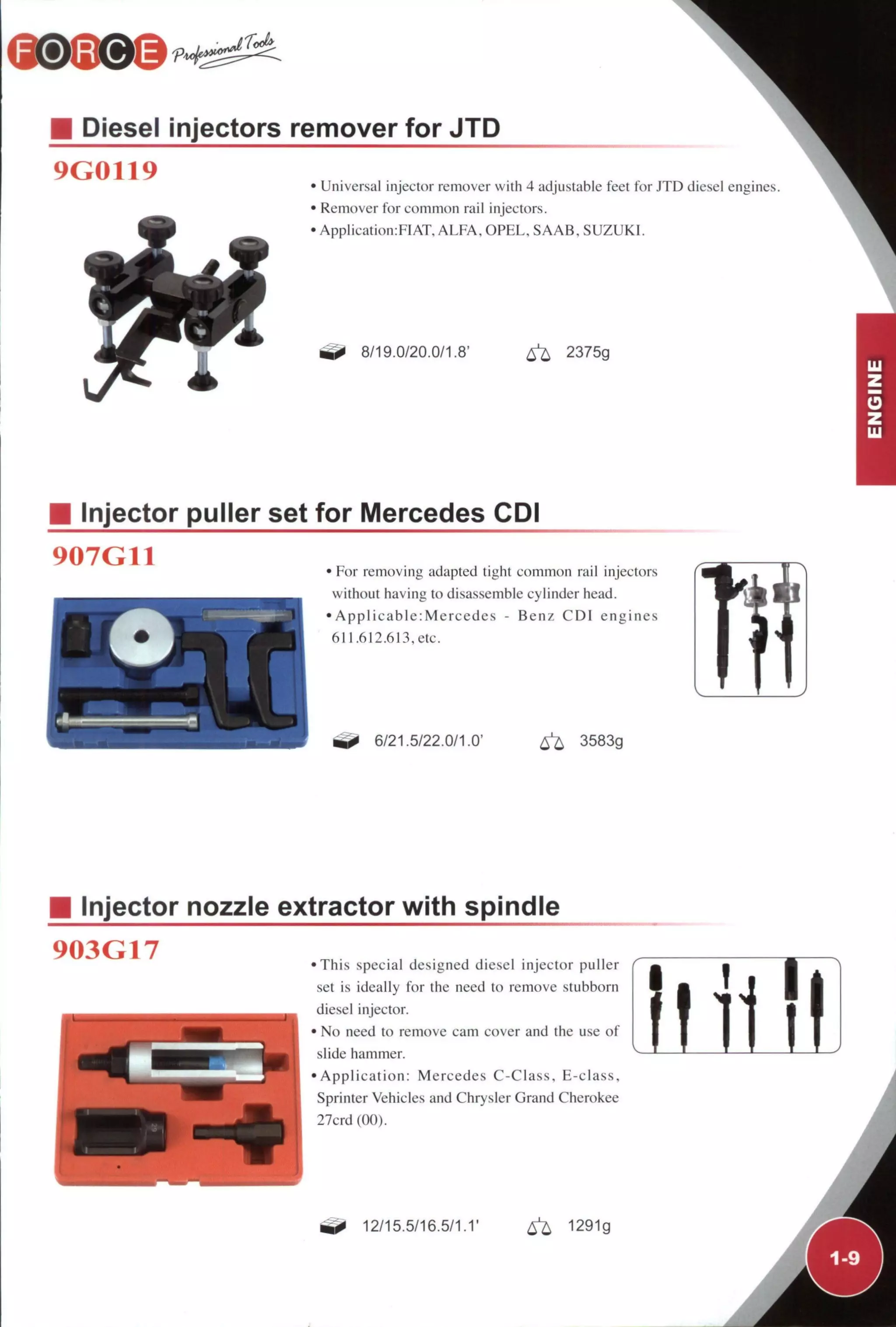 Diesel injectors remover for JTD
9G0119 • Universal injector remover with 4 adjustable feet for JTD diesel engines.
• Remover for common rail injectors.
• Application:FlAT, ALFA, OPEL. SAAB. SUZUKI.
8/19.0/20.0/1.8' 2375g
Injector puller set for Mercedes CDI
907G11 • For removing adapted tight common rail injectors
without having to disassemble cylinder head.
• Applicable:Mercedes - Benz CDI engines
611.612.613, etc.
6/21.5/22.0/1.0' 6^ 3583g
Injector nozzle extractor with spindle
903G17 •This special designed diesel injector puller
set is ideally for the need to remove stubborn
diesel injector.
• No need to remove cam cover and the use of
slide hammer.
•Application: Mercedes C-Class, E-class.
Sprinter Vehicles and Chrysler Grand Cherokee
27crd(00).
A
12/15.5/16.5/1.1' ^ 1291g
 