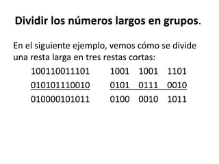 Dividir los números largos en grupos. 
En el siguiente ejemplo, vemos cómo se divide 
una resta larga en tres restas cortas: 
100110011101 1001 1001 1101 
010101110010 0101 0111 0010 
010000101011 0100 0010 1011 
 