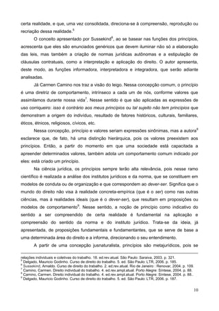 10
certa realidade, e que, uma vez consolidada, direciona-se à compreensão, reprodução ou
recriação dessa realidade.5
O conceito apresentado por Sussekind6
, ao se basear nas funções dos princípios,
acrescenta que eles são enunciados genéricos que devem iluminar não só a elaboração
das leis, mas também a criação de normas jurídicas autônomas e a estipulação de
cláusulas contratuais, como a interpretação e aplicação do direito. O autor apresenta,
deste modo, as funções informadora, interpretadora e integradora, que serão adiante
analisadas.
Já Carmen Camino nos traz a visão do leigo. Nessa concepção comum, o princípio
é uma diretriz de comportamento, intrínseco a cada um de nós, conforme valores que
assimilamos durante nossa vida7
. Nesse sentido é que são aplicadas as expressões de
uso corriqueiro: isso é contrário aos meus princípios ou tal sujeito não tem princípios que
demonstram a origem do indivíduo, resultado de fatores históricos, culturais, familiares,
éticos, étnicos, religiosos, cívicos, etc.
Nessa concepção, princípio e valores seriam expressões sinônimas, mas a autora8
esclarece que, de fato, há uma distinção hierárquica, pois os valores preexistem aos
princípios. Então, a partir do momento em que uma sociedade está capacitada a
apreender determinados valores, também adota um comportamento comum indicado por
eles: está criado um princípio.
Na ciência jurídica, os princípios sempre terão alta relevância, pois nesse ramo
científico é realizada a análise dos institutos jurídicos e da norma, que se constituem em
modelos de conduta ou de organização e que correspondem ao dever-ser. Significa que o
mundo do direito não visa à realidade concreta-empírica (que é o ser) como nas outras
ciências, mas à realidades ideais (que é o dever-ser), que resultam em proposições ou
modelos de comportamento9
. Nesse sentido, a noção de princípio como indicativo do
sentido a ser compreendido de certa realidade é fundamental na aplicação e
compreensão do sentido da norma e do instituto jurídico. Trata-se da ideia, já
apresentada, de proposições fundamentais e fundamentantes, que se serve de base a
uma determinada área do direito e a informa, direcionando o seu entendimento.
A partir de uma concepção jusnaturalista, princípios são metajurídicos, pois se
relações individuais e coletivas do trabalho. 18. ed.rev.atual. São Paulo: Saraiva, 2003. p. 321.
5
Delgado, Mauricio Godinho. Curso de direito do trabalho. 5. ed. São Paulo: LTR, 2006. p. 185.
6
Sussekind, Arnaldo. Curso de direito do trabalho. 2. ed.rev.atual. Rio de Janeiro : Renovar, 2004. p. 109.
7
Camino, Carmen. Direito individual do trabalho. 4. ed.rev.ampl.atual. Porto Alegre: Síntese, 2004. p. 88.
8
Camino, Carmen. Direito individual do trabalho. 4. ed.rev.ampl.atual. Porto Alegre: Síntese, 2004. p. 88..
9
Delgado, Mauricio Godinho. Curso de direito do trabalho. 5. ed. São Paulo: LTR, 2006. p. 187.
 
