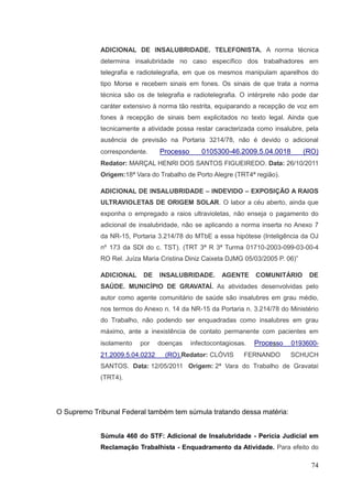 74
ADICIONAL DE INSALUBRIDADE. TELEFONISTA. A norma técnica
determina insalubridade no caso específico dos trabalhadores em
telegrafia e radiotelegrafia, em que os mesmos manipulam aparelhos do
tipo Morse e recebem sinais em fones. Os sinais de que trata a norma
técnica são os de telegrafia e radiotelegrafia. O intérprete não pode dar
caráter extensivo à norma tão restrita, equiparando a recepção de voz em
fones à recepção de sinais bem explicitados no texto legal. Ainda que
tecnicamente a atividade possa restar caracterizada como insalubre, pela
ausência de previsão na Portaria 3214/78, não é devido o adicional
correspondente. Processo 0105300-46.2009.5.04.0018 (RO)
Redator: MARÇAL HENRI DOS SANTOS FIGUEIREDO. Data: 26/10/2011
Origem:18ª Vara do Trabalho de Porto Alegre (TRT4ª região).
ADICIONAL DE INSALUBRIDADE – INDEVIDO – EXPOSIÇÃO A RAIOS
ULTRAVIOLETAS DE ORIGEM SOLAR. O labor a céu aberto, ainda que
exponha o empregado a raios ultravioletas, não enseja o pagamento do
adicional de insalubridade, não se aplicando a norma inserta no Anexo 7
da NR-15, Portaria 3.214/78 do MTbE a essa hipótese (Inteligência da OJ
nº 173 da SDI do c. TST). (TRT 3ª R 3ª Turma 01710-2003-099-03-00-4
RO Rel. Juíza Maria Cristina Diniz Caixeta DJMG 05/03/2005 P. 06)”
ADICIONAL DE INSALUBRIDADE. AGENTE COMUNITÁRIO DE
SAÚDE. MUNICÍPIO DE GRAVATAÍ. As atividades desenvolvidas pelo
autor como agente comunitário de saúde são insalubres em grau médio,
nos termos do Anexo n. 14 da NR-15 da Portaria n. 3.214/78 do Ministério
do Trabalho, não podendo ser enquadradas como insalubres em grau
máximo, ante a inexistência de contato permanente com pacientes em
isolamento por doenças infectocontagiosas. Processo 0193600-
21.2009.5.04.0232 (RO).Redator: CLÓVIS FERNANDO SCHUCH
SANTOS. Data: 12/05/2011 Origem: 2ª Vara do Trabalho de Gravataí
(TRT4).
O Supremo Tribunal Federal também tem súmula tratando dessa matéria:
Súmula 460 do STF: Adicional de Insalubridade - Perícia Judicial em
Reclamação Trabalhista - Enquadramento da Atividade. Para efeito do
 