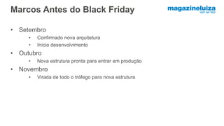 Marcos Antes do Black Friday
• Setembro
• Confirmado nova arquitetura
• Início desenvolvimento
• Outubro
• Nova estrutura pronta para entrar em produção
• Novembro
• Virada de todo o tráfego para nova estrutura
 