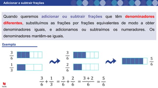 Adicionar e subtrair frações
Quando queremos adicionar ou subtrair frações que têm denominadores
diferentes, substituímos as frações por frações equivalentes de modo a obter
denominadores iguais, e adicionamos ou subtraímos os numeradores. Os
denominadores mantêm-se iguais.
=
3 + 2
6
=
3
6
+
2
6
=
5
6
5
6
3
6
+
1
3
3
6
1
3
3
6
2
6
 