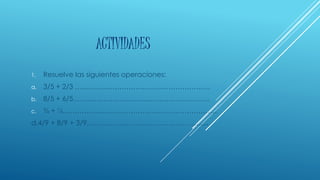 ACTIVIDADES
1. Resuelve las siguientes operaciones:
a. 3/5 + 2/3 ………………………………………………….
b. 8/5 + 6/5…………………………………………………..
c. ¾ + ¼…………………………………………………………
d.4/9 + 8/9 + 3/9………………………………………….....
 