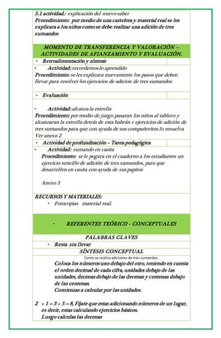 5.1 actividad.: explicación del nuevo saber
Procedimiento: por medio de una cartelera y material real se les
explicara a los niños como se debe realizar una adición de tres
sumandos
MOMENTO DE TRANSFERENCIA Y VALORACIÓN –
ACTIVIDADES DE AFIANZAMIENTO Y EVALUACIÓN.
• Retroalimentación y síntesis
• Actividad: recordemoslo aprendido
Procedimiento: seles explicara nuevamente los pasos que deben
llevar para resolver los ejercicios de adicion de tres sumandos
• Evaluación
• Actividad: alcanzala estrella
Procedimiento: por medio de juego pasaran los niños al tablero y
alcanzaran la estrella detrás de esta habrán r ejercicios de adición de
tres sumandos para que con ayuda de sus compañeritos lo resuelva
Ver anexo 2
• Actividad de profundización – Tarea pedagógica
• Actividad: sumando en casita
Procedimiento: sele pegara en el cuaderno a los estudiantes un
ejercicio sencillo de adición de tres sumandos, para que
desarrollen en casita con ayuda de sus papitos
Anexo 3
RECURSOS Y MATERIALES:
• Fotocopias material real.
• REFERENTES TEÓRICO - CONCEPTUALES
PALABRAS CLAVES
• Resta sin llevar
SÍNTESIS CONCEPTUAL
Como se realiza adiciones de tres sumandos
Coloca los números uno debajo del otro, teniendo en cuenta
el orden decimal de cada cifra, unidades debajo de las
unidades, decenas debajo de las decenas y centenas debajo
de las centenas.
Comienzas a calcular por las unidades.
2 + 1 = 3 + 5 = 8, Fíjate que estas adicionando números de un lugar,
es decir, estas calculando ejercicios básicos.
Luego calculas las decenas
 