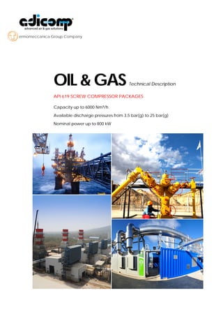 OIL & GAS Technical Description
API 619 SCREW COMPRESSOR PACKAGES
Capacity up to 6000 Nm³/h
Available discharge pressures from 3,5 bar(g) to 25 bar(g)
Nominal power up to 800 kW
ermomeccanica Group Company
 