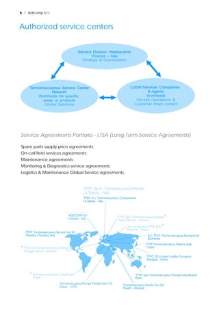 6 l Adicomp S.r.l.
BIOGAS
SYNGAS COAL
MINE GAS
SEWAGE
GAS
SHALE GAS
LNG FLARE GAS
STEEL GAS
OILFIELD
GAS
Service Agreements Portfolio - LTSA (Long-Term Service Agreements)
Spare parts supply price agreements;
On-call field services agreements;
Maintenance agreements;
Monitoring & Diagnostics service agreements;
Logistics & Maintenance Global Service agreements.
Authorized service centers
 