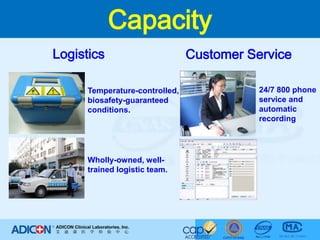 CapacityLogistics Customer Service24/7 800 phone service and automatic recording Temperature-controlled, biosafety-guaranteed conditions.Wholly-owned, well-trained logistic team.