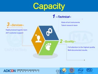 3--Services--Highly-trained logistic team24/7 customer support2Capacity1--Technical--State-of-art instrumentsTalent research team--Quality--Full attention to the highest qualityWell-documented results.