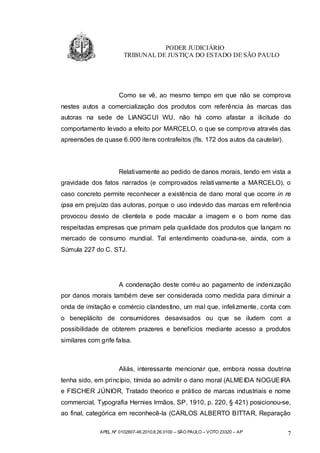 PODER JUDICIÁRIO
                        TRIBUNAL DE JUSTIÇA DO ESTADO DE SÃO PAULO




                      Como se vê, ao mesmo tempo em que não se comprova
nestes autos a comercialização dos produtos com referência às marcas das
autoras na sede de LIANGCUI WU, não há como afastar a ilicitude do
comportamento levado a efeito por MARCELO, o que se comprova através das
apreensões de quase 6.000 itens contrafeitos (fls. 172 dos autos da cautelar).




                      Relativamente ao pedido de danos morais, tendo em vista a
gravidade dos fatos narrados (e comprovados relativamente a MARCELO), o
caso concreto permite reconhecer a existência de dano moral que ocorre in re
ipsa em prejuízo das autoras, porque o uso indevido das marcas em referência
provocou desvio de clientela e pode macular a imagem e o bom nome das
respeitadas empresas que primam pela qualidade dos produtos que lançam no
mercado de consumo mundial. Tal entendimento coaduna-se, ainda, com a
Súmula 227 do C. STJ.




                      A condenação deste corréu ao pagamento de indenização
por danos morais também deve ser considerada como medida para diminuir a
onda de imitação e comércio clandestino, um mal que, infelizmente, conta com
o beneplácito de consumidores desavisados ou que se iludem com a
possibilidade de obterem prazeres e benefícios mediante acesso a produtos
similares com grife falsa.



                      Aliás, interessante mencionar que, embora nossa doutrina
tenha sido, em princípio, tímida ao admitir o dano moral (ALMEIDA NOGUEIRA
e FISCHER JÚNIOR, Tratado theorico e prático de marcas industriais e nome
commercial, Typografia Hernies Irmãos, SP, 1910, p. 220, § 421) posicionou-se,
ao final, categórica em reconhecê-la (CARLOS ALBERTO BITTAR, Reparação

              APEL.Nº 0102807-46.2010.8.26.0100 – SÃO PAULO – VOTO 23320 – AP    7
 
