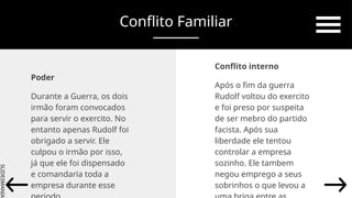 SLIDESMANIA.
SLIDESMANIA.
Conflito Familiar
Conflito interno
Após o fim da guerra
Rudolf voltou do exercito
e foi preso por suspeita
de ser mebro do partido
facista. Após sua
liberdade ele tentou
controlar a empresa
sozinho. Ele tambem
negou emprego a seus
sobrinhos o que levou a
Poder
Durante a Guerra, os dois
irmão foram convocados
para servir o exercito. No
entanto apenas Rudolf foi
obrigado a servir. Ele
culpou o irmão por isso,
já que ele foi dispensado
e comandaria toda a
empresa durante esse
 