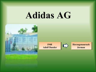 Adidas AG
Herzogenaurach
Jerman
Herzogenaurach
Jerman
1948
Adolf Dassler
1948
Adolf Dassler
 