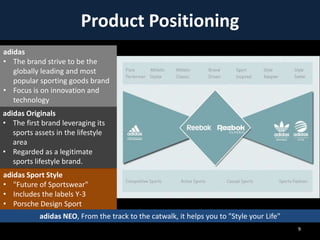 Product Positioning
adidas
• The brand strive to be the
globally leading and most
popular sporting goods brand
• Focus is on innovation and
technology
adidas Originals
• The first brand leveraging its
sports assets in the lifestyle
area
• Regarded as a legitimate
sports lifestyle brand.
adidas Sport Style
• "Future of Sportswear"
• Includes the labels Y-3
• Porsche Design Sport
adidas NEO, From the track to the catwalk, it helps you to "Style your Life"
9

 
