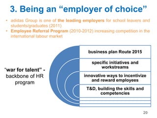 business plan Route 2015
specific initiatives and
workstreams
innovative ways to incentivize
and reward employees
T&D, building the skills and
competencies
3. Being an “employer of choice”
20
“war for talent” -
backbone of HR
program
• adidas Group is one of the leading employers for school leavers and
students/graduates (2011)
• Employee Referral Program (2010-2012) increasing competition in the
international labour market
 