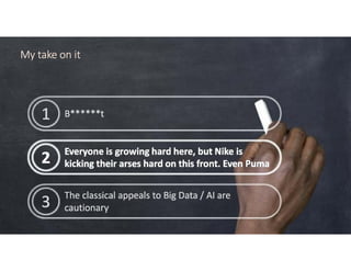 B******t1 B******t1
Everyone is growing hard here, but Nike is
kicking their arses hard on this front. Even Puma2 Everyone is growing hard here, but Nike is
kicking their arses hard on this front. Even Puma2
The classical appeals to Big Data / AI are
cautionary3 The classical appeals to Big Data / AI are
cautionary3
My take on itMy take on itMy take on itMy take on it
 