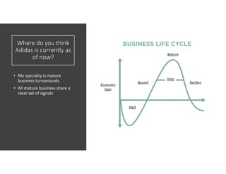 Where do you think
Adidas is currently as
of now?
• My specialty is mature
business turnarounds
• All mature business share a
clear set of signals
 