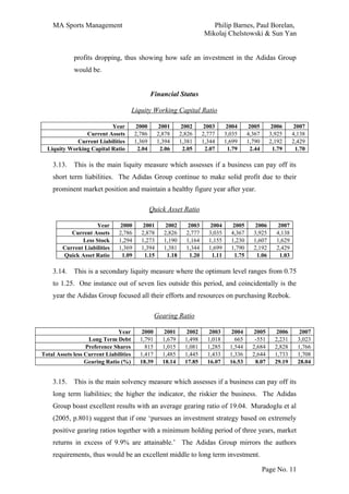 MA Sports Management                                                         Philip Barnes, Paul Borelan,
                                                                              Mikolaj Chelstowski & Sun Yan


             profits dropping, thus showing how safe an investment in the Adidas Group
             would be.


                                                  Financial Status

                                        Liquity Working Capital Ratio

                          Year            2000        2001        2002        2003        2004        2005        2006        2007
                Current Assets           2,786       2,878       2,826       2,777       3,035       4,367       3,925       4,138
             Current Liabilities         1,369       1,394       1,381       1,344       1,699       1,790       2,192       2,429
  Liquity Working Capital Ratio            2.04        2.06        2.05        2.07        1.79        2.44        1.79        1.70

    3.13.    This is the main liquity measure which assesses if a business can pay off its
    short term liabilities. The Adidas Group continue to make solid profit due to their
    prominent market position and maintain a healthy figure year after year.

                                                  Quick Asset Ratio

                     Year        2000        2001        2002        2003        2004        2005        2006        2007
           Current Assets       2,786       2,878       2,826       2,777       3,035       4,367       3,925       4,138
               Less Stock       1,294       1,273       1,190       1,164       1,155       1,230       1,607       1,629
        Current Liabilities     1,369       1,394       1,381       1,344       1,699       1,790       2,192       2,429
        Quick Asset Ratio         1.09        1.15        1.18        1.20        1.11        1.75        1.06        1.03

    3.14.    This is a secondary liquity measure where the optimum level ranges from 0.75
    to 1.25. One instance out of seven lies outside this period, and coincidentally is the
    year the Adidas Group focused all their efforts and resources on purchasing Reebok.

                                                   Gearing Ratio

                               Year         2000        2001        2002        2003        2004        2005        2006        2007
                   Long Term Debt          1,791       1,679       1,498       1,018         665        -551       2,231       3,023
                  Preference Shares          815       1,015       1,081       1,285       1,544       2,684       2,828       1,766
Total Assets less Current Liabilities      1,417       1,485       1,445       1,433       1,336       2,644       1,733       1,708
                  Gearing Ratio (%)        18.39       18.14       17.85       16.07       16.53         8.07      29.19       28.04


    3.15.    This is the main solvency measure which assesses if a business can pay off its
    long term liabilities; the higher the indicator, the riskier the business. The Adidas
    Group boast excellent results with an average gearing ratio of 19.04. Muradoglu et al
    (2005, p.801) suggest that if one ‘pursues an investment strategy based on extremely
    positive gearing ratios together with a minimum holding period of three years, market
    returns in excess of 9.9% are attainable.’ The Adidas Group mirrors the authors
    requirements, thus would be an excellent middle to long term investment.

                                                                                                              Page No. 11
 
