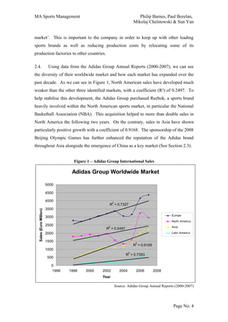 MA Sports Management                                                             Philip Barnes, Paul Borelan,
                                                                              Mikolaj Chelstowski & Sun Yan


market’. This is important to the company in order to keep up with other leading
sports brands as well as reducing production costs by relocating some of its
production factories to other countries.

2.4.                      Using data from the Adidas Group Annual Reports (2000-2007), we can see
the diversity of their worldwide market and how each market has expanded over the
past decade. As we can see in Figure 1, North American sales have developed much
weaker than the other three identified markets, with a coefficient (R²) of 0.2497. To
help stabilise this development, the Adidas Group purchased Reebok, a sports brand
heavily involved within the North American sports market, in particular the National
Basketball Association (NBA). This acquisition helped to more than double sales in
North America the following two years. On the contrary, sales in Asia have shown
particularly positive growth with a coefficient of 0.9168. The sponsorship of the 2008
Beijing Olympic Games has further enhanced the reputation of the Adidas brand
throughout Asia alongside the emergence of China as a key market (See Section 2.3).


                                      Figure 1 – Adidas Group International Sales

                                     Adidas Group Worldwide Market

                         5000

                         4500

                         4000                               2
                                                         R = 0.7327
                         3500
  Sales (Euro Million)




                                                                                                  Europe
                         3000
                                                                                                  North America
                         2500                           2                                         Asia
                                                       R = 0.2497
                         2000                                                                     Latin America

                         1500
                                                                               2
                                                                              R = 0.9168
                         1000
                                                                          2
                                                                      R = 0.7393
                         500

                            0
                            1996    1998    2000     2002          2004        2006        2008
                                                     Year

                                                                Source: Adidas Group Annual Reports (2000-2007)




                                                                                                   Page No. 4
 