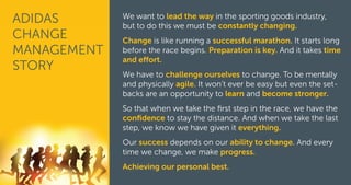 adidas
Change
Management
story
We want to lead the way in the sporting goods industry,
but to do this we must be constantly changing.
Change is like running a successful marathon. It starts long
before the race begins. Preparation is key. And it takes time
and effort.
We have to challenge ourselves to change. To be mentally
and physically agile. It won’t ever be easy but even the set-
backs are an opportunity to learn and become stronger.
So that when we take the first step in the race, we have the
confidence to stay the distance. And when we take the last
step, we know we have given it everything.
Our success depends on our ability to change. And every
time we change, we make progress.
Achieving our personal best.
 