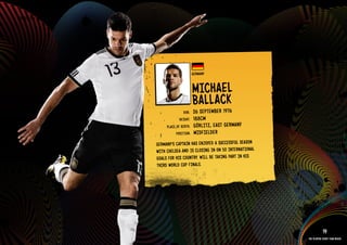 GROuP D - GERMANY




                                              GERMANY


                                              MICHAEl
                                                      k
                                              bAllAC1976
                                      DOb:        ER
                                              26 SEPTEMb
                                    HEIGHT:   188CM
                            PlACE OF bIRTH:   GöRlITZ, EAST GERMANY
                                  POSITION:   MIDFIElDER
                      GERMANY’S CAPTAIN HAS ENJOYED A SuCCESSFul SEASON
                      WITH CHElSEA AND IS ClOSING IN ON 50 INTERNATIONAl
                      GOAlS FOR HIS COuNTRY. WIll bE TAkING PART IN HIS
                      THIRD WORlD CuP FINAlS.

                    RElATED PlAYE R ASSETS >>




                                                                                       19
                                                                           The players every team needs
 