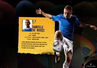 GROuP F - ITAlY




                                              ITAlY


                                              DANIElE
                                              DE ROSSI
                                       DOb:   24 JulY 1983
                                    HEIGHT:   184CM
                            PlACE OF bIRTH:   lIDO DI OSTI A, ROM E, ITAlY
                                 POSITION:    MIDFIElDER
                     A HARD-WORkING DEFENSIVE MIDFIElDER, DE ROSSI
                     HAS SPENT HIS ENTIRE CAREER WITH HOMETOWN Club
                     AS ROMA AND HAS AlREADY AMASSED MORE THAN
                     50 GAMES FOR HIS COuNTRY.

                  RElATED PlAYE R ASSETS >>




                                                                                        26
                                                                             The players every team needs
 