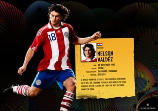 GROuP F - PARAGuAY




                                                 PARAGuAY


                                                 NElSON
                                                 VAlDéZ
                                                      R 1983
                                         DOb:    28 NOVEMbE
                                       HEIGHT:   178CM
                               PlACE OF bIRTH:   CAAGuAZú, PARAGuAY
                                     POSITION:   STRIkER
                          A WHOl E-HEARTE D STRI kER, THE bORu SSIA DORTMuND
                          NO.9 WIll bE lOOkING TO bREA k HIS WORlD CuP GOAl
                          DROu GHT AFTE R FAIlING TO FIND THE NET IN THRE E
                          GAMES IN 2006.

                     IMAGE AVAIlAblE ON REQuEST >>

                                                                                           27
                                                                               The players every team needs
 