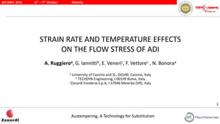 Austempering, A Technology for Substitution
ADI DAYS 2016 6th – 7th October Minerbe
1
STRAIN RATE AND TEMPERATURE EFFECTS
ON THE FLOW STRESS OF ADI
A. Ruggieroa, G. Iannittib, E. Veneric, F. Vettorec , N. Bonoraa
a University of Cassino and SL, DICeM, Cassino, Italy
b TECHDYN Engineering, I-00199 Rome, Italy
cZanardi Fonderie S.p.A, I-37046 Minerbe (VR), Italy
 